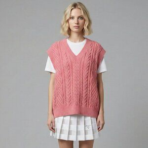 Trendy Pink Cable Knit Oversized Sweater Vest